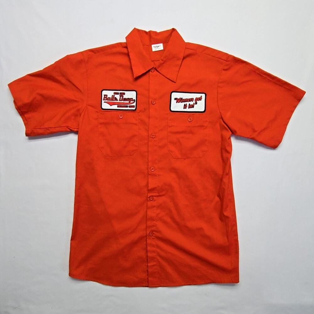 Humor Baseball Team Shirt Balls Deep Baseball Red Graphic Mens M Button Up